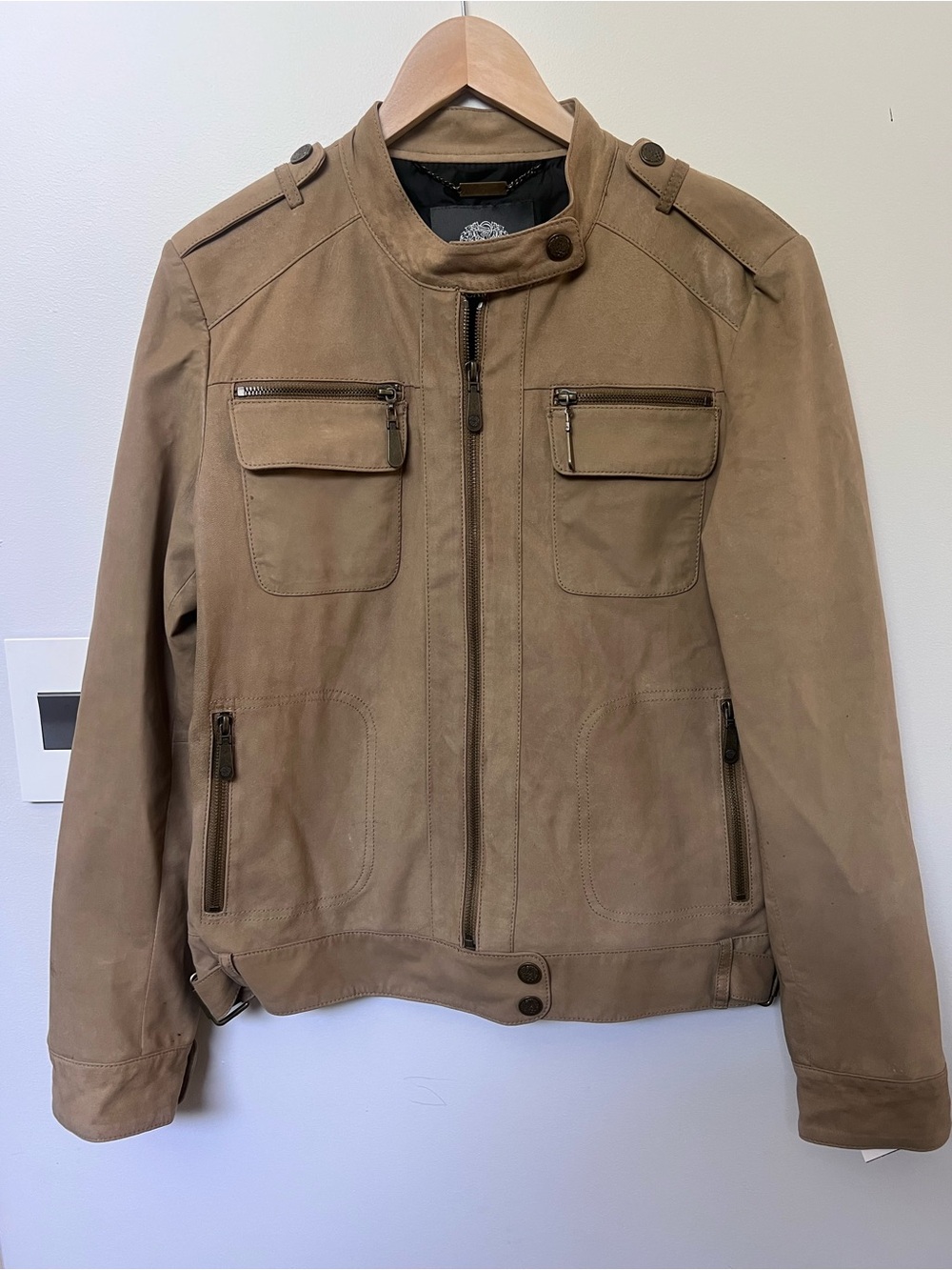 Vince Camuto Genuine Leather Utility Moto Jacket Tan Size M